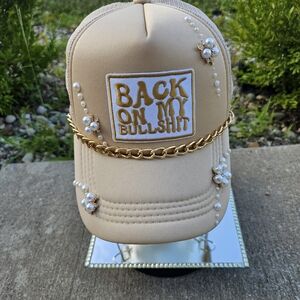 Beige Cap with Gold Chain and Pearl Accents